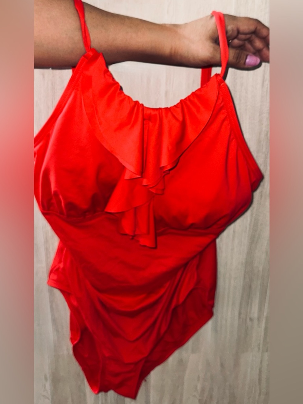 DKNY Red Ruffle-Front One-Piece Swimsuit - Picture 4 of 10